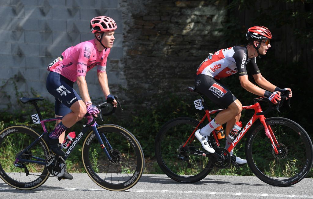 MONFORTE DE LEMOS SPAIN SEPTEMBER 03 LR Lawson Craddock of United States and Team EF Education Nippo and Andreas Lorentz Kron of Denmark and Team Lotto Soudal compete in the breakaway during the 76th Tour of Spain 2021 Stage 19 a 1912 km stage from Tapia to Monforte de Lemos lavuelta LaVuelta21 on September 03 2021 in Monforte de Lemos Spain Photo by Tim de WaeleGetty Images