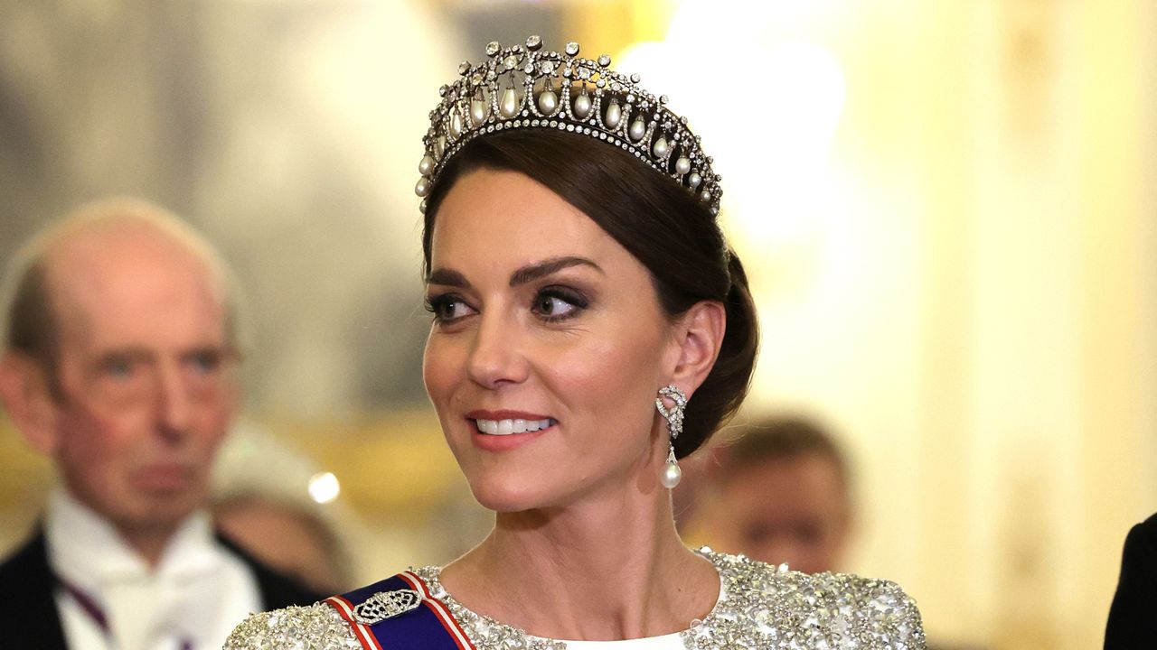 Princess Kate attends the State Banquet at Buckingham Palace on November 22, 2022.