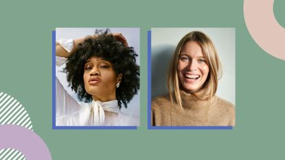 A collage of two women with 2022 hair trends, curls and sleek texture on a green background