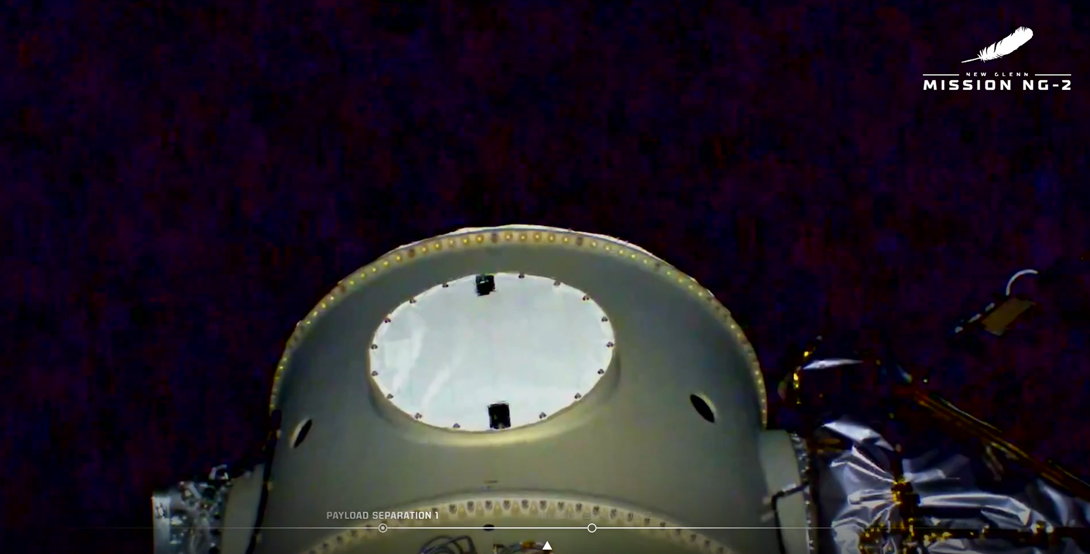 A small Gold Mars ESCAPADE spacecraft attached to its Blue Origin upper stage before heading to Mars