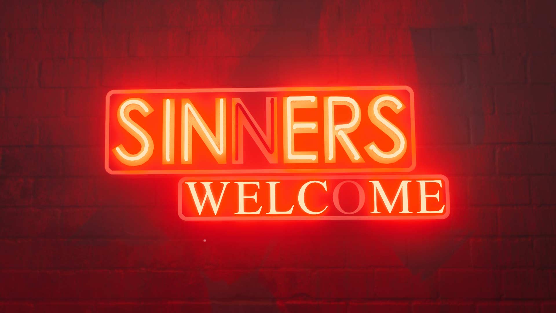 A &quot;Sinners Welcome&quot; sign hanging in a Bloodlines 2 bar.