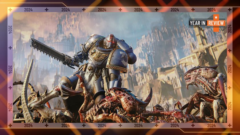 A screenshot of Space Marine 2 showing a space marine fighting off hordes of Tyranids