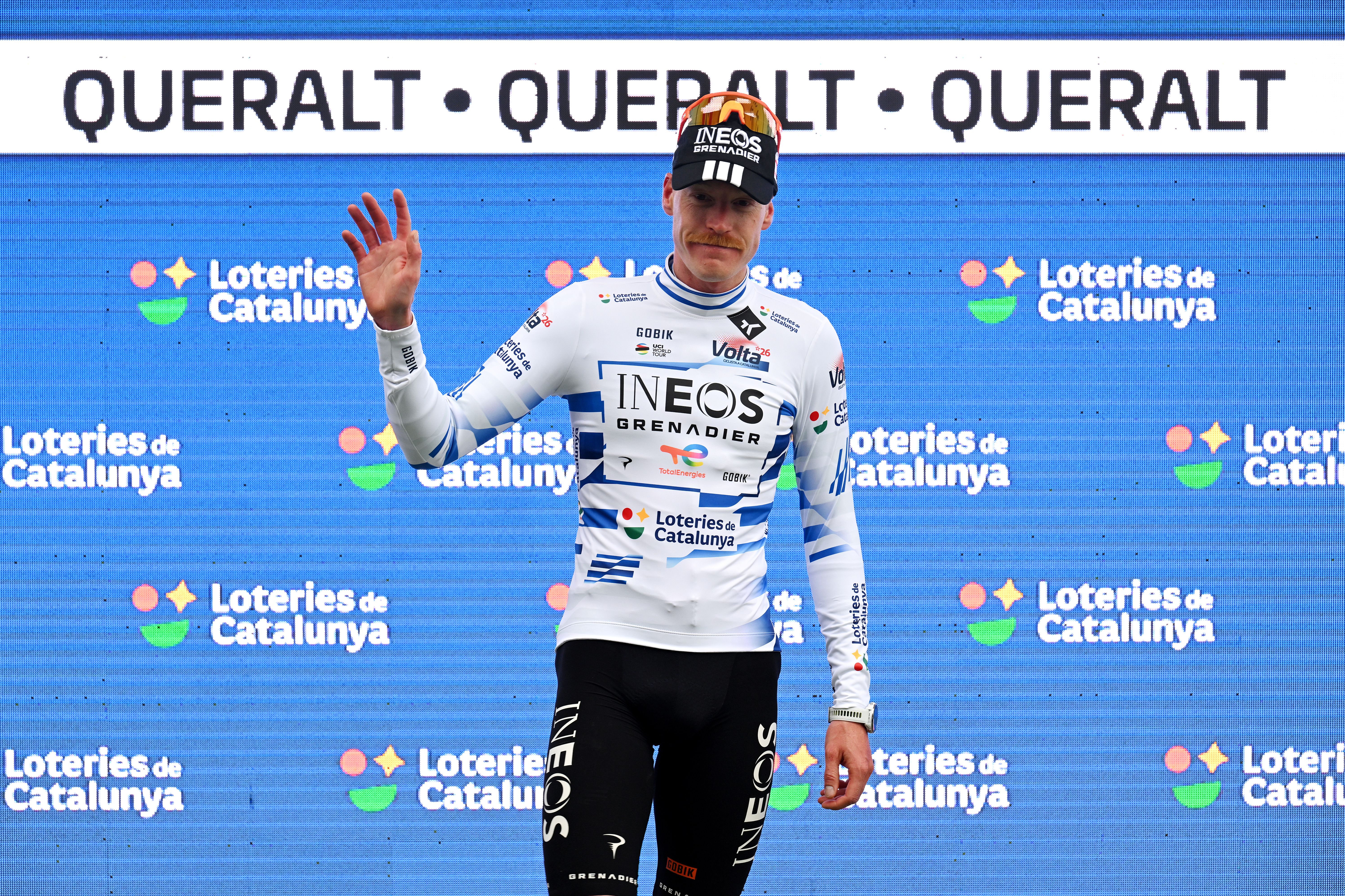 QUERALT, SPAIN - MARCH 28: Dorian Godon of France and Team INEOS Grenadiers - Blue Points Jersey celebrates at podium during the 105th Volta a Catalunya 2026, Stage 6 a 158.2km stage from La Berga to Queralt 1133m / #UCIWT / on March 28, 2026 in Queralt, Spain. (Photo by Szymon Gruchalski/Getty Images)