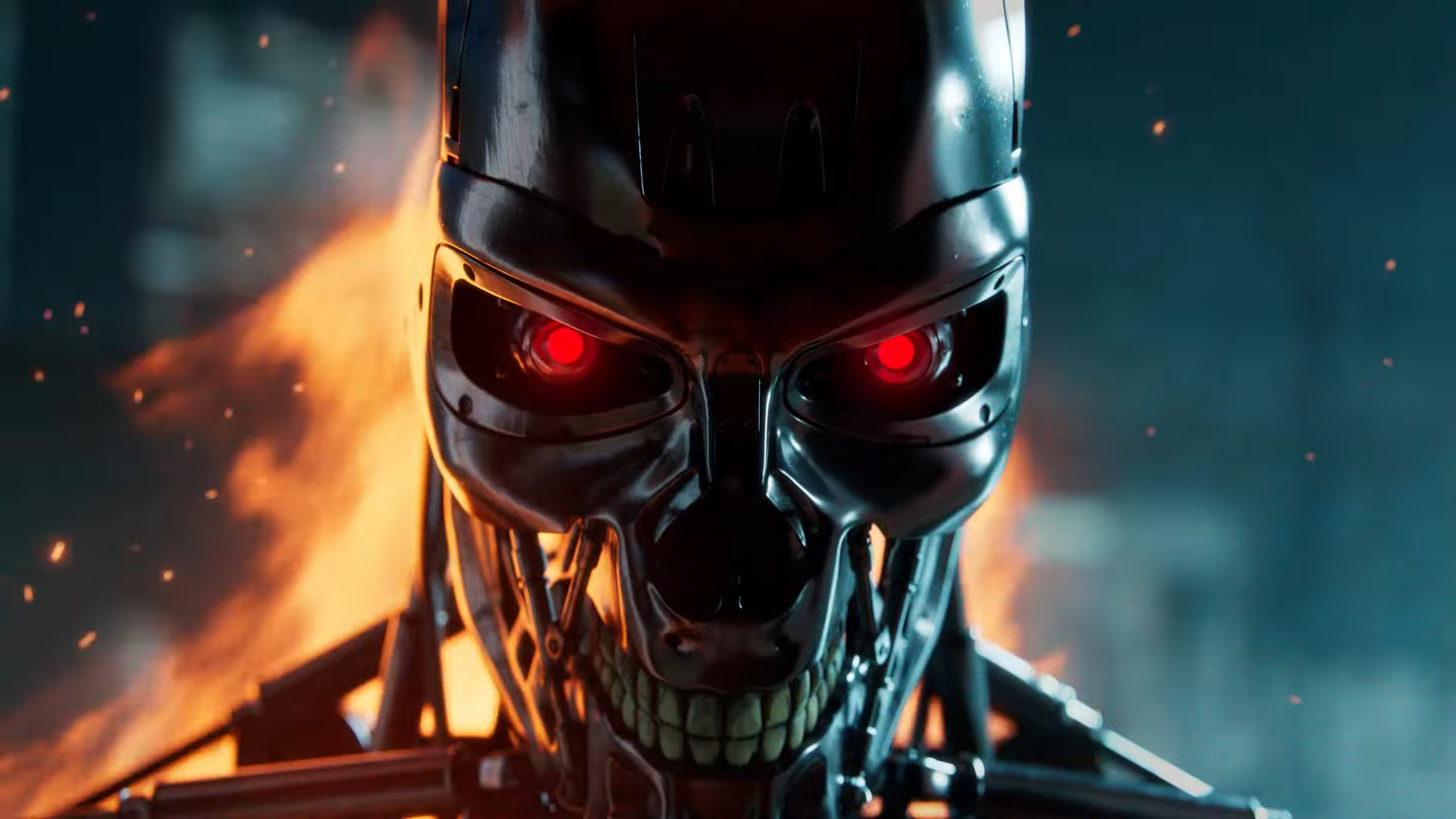 Ein Terminator-Roboter mit Flammen dahinter