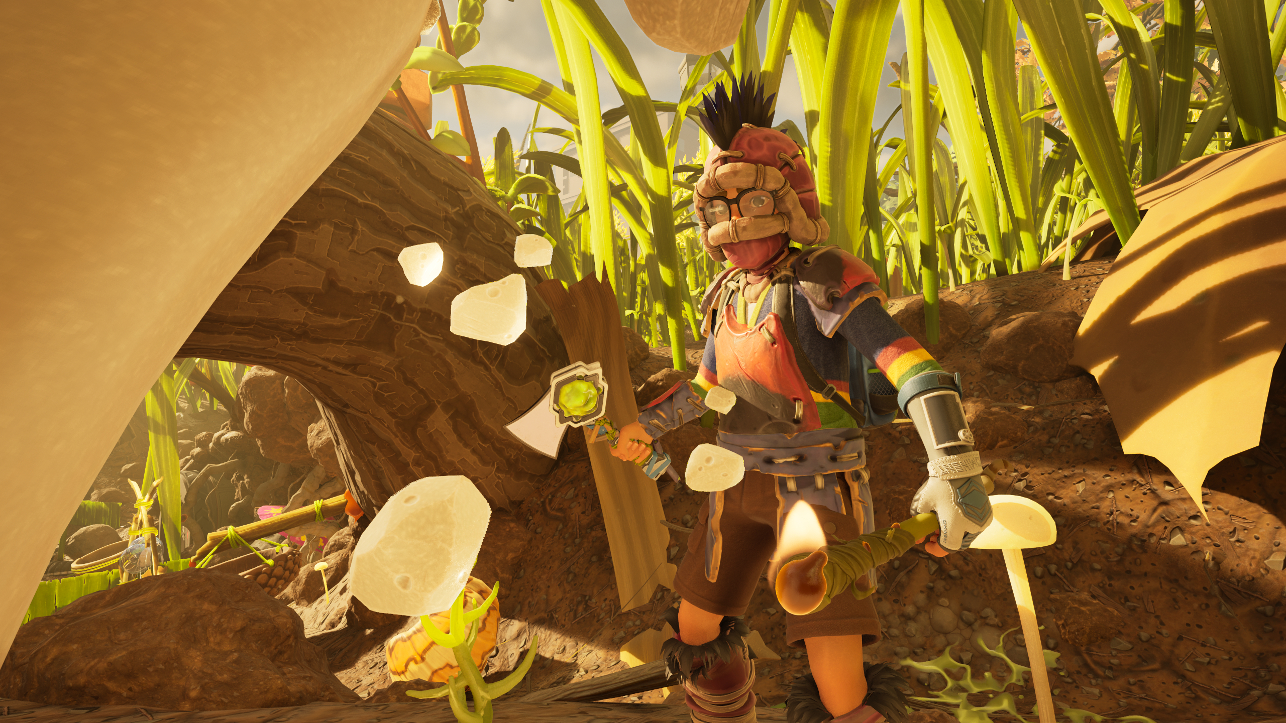 Grounded 2 Omni-Tool upgrades: A character wearing thick armour hacking at a mushroom with the Omni-Axe, sending chunks flying towards him.