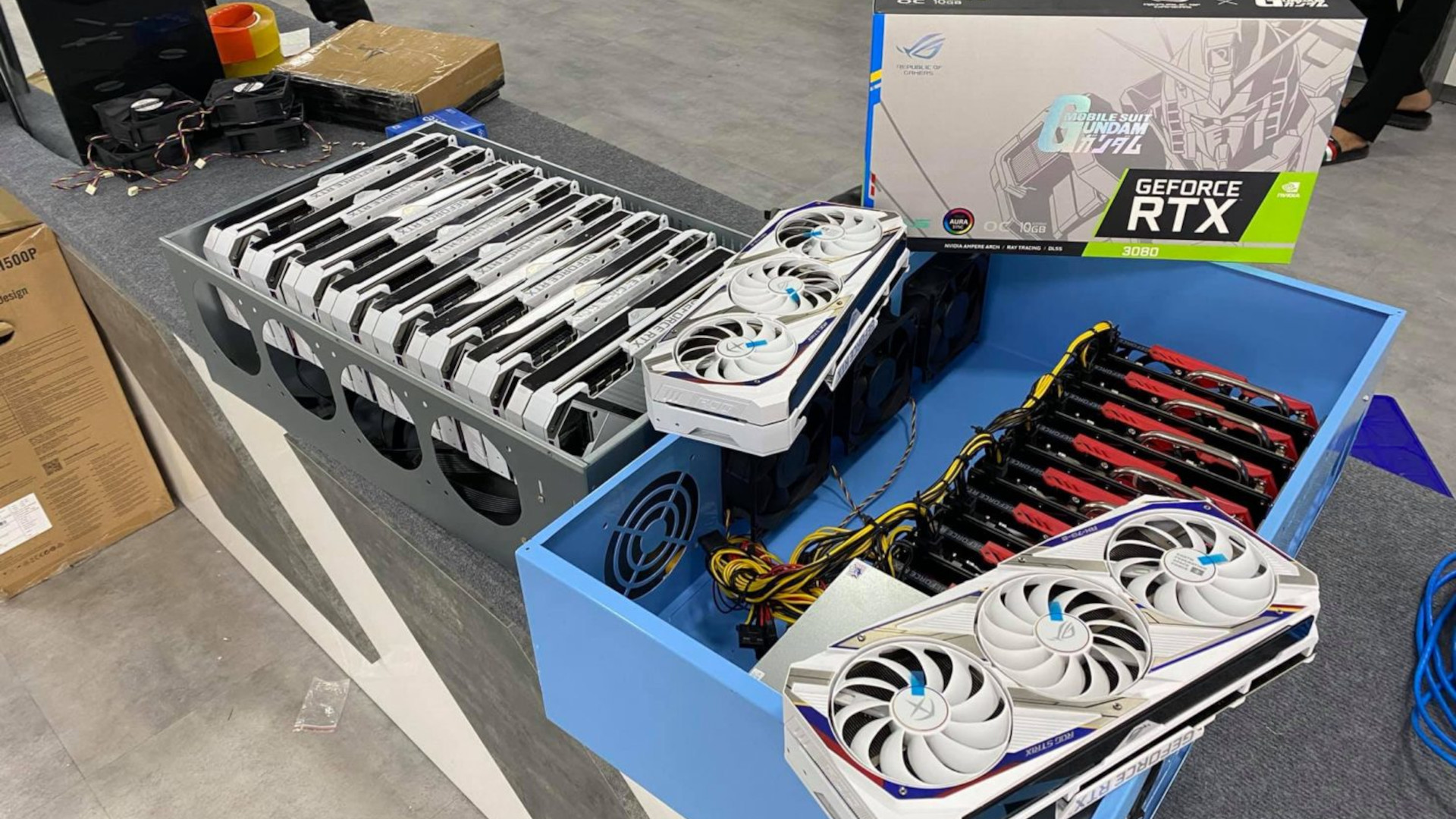 Rare Gundam themed RTX 3080 GPUs being built into a mining rig