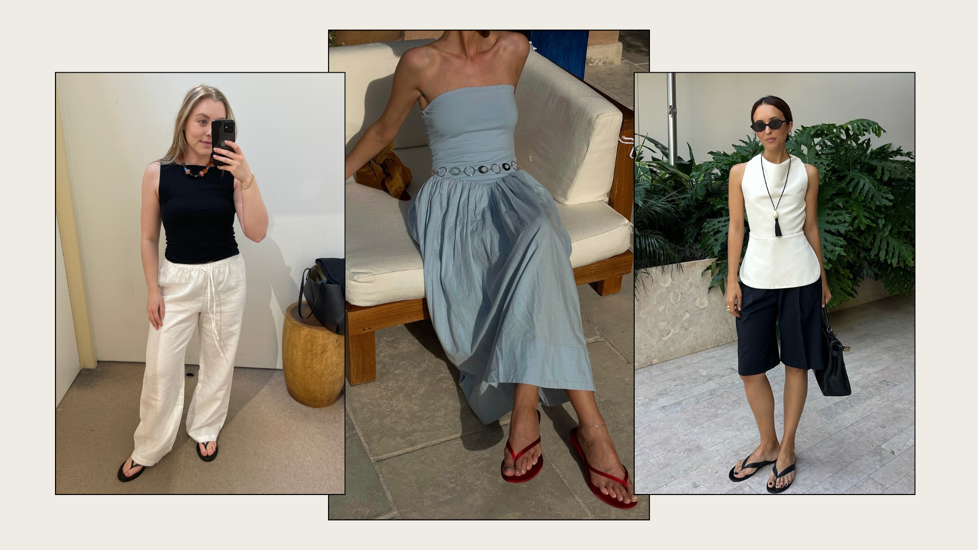 Three fashion people wearing the Jessie Thong Sandal 