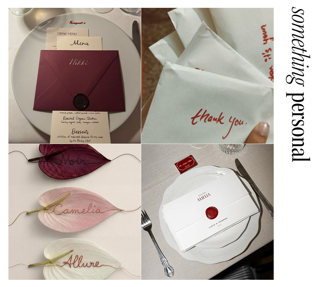 a collage of personal stationery at weddings.