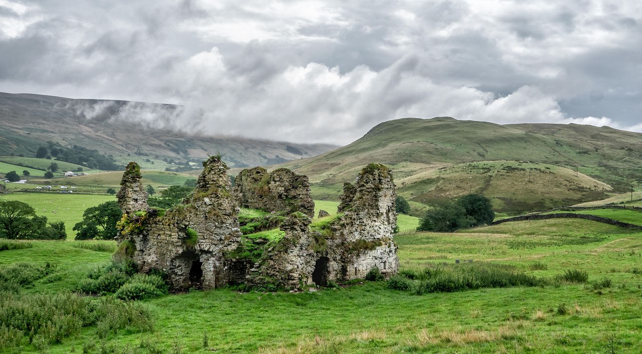 The ruined shell of medieval Lammerside Castle in the Eden Valley near Kirkby Stephen, Cumbria.