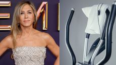 Jennifer Aniston next to cross trainer, displaying clearly one key element of the 15-15-15 workout