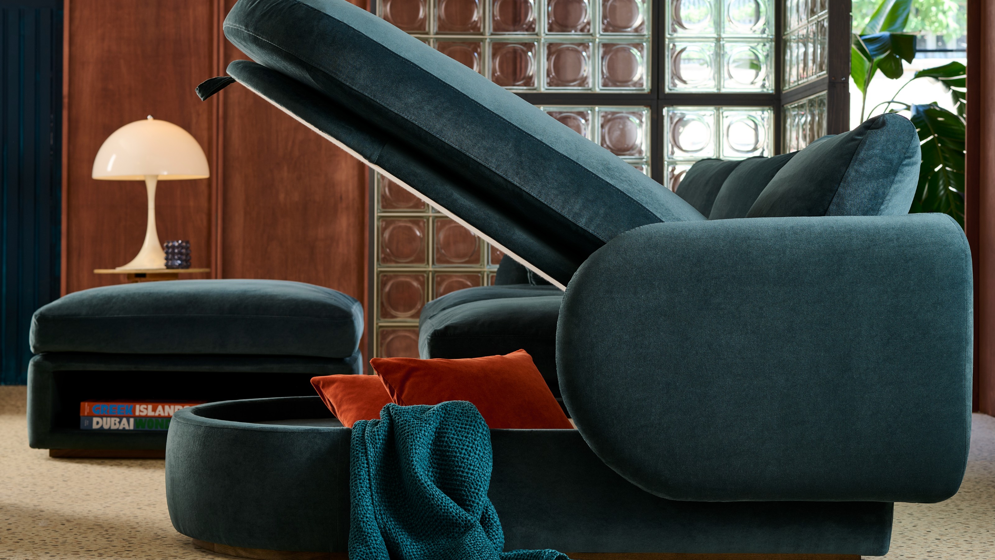 Sofa.com&#039;s modular Ren sofa with a storage chaise module open in a midcentury-style living room
