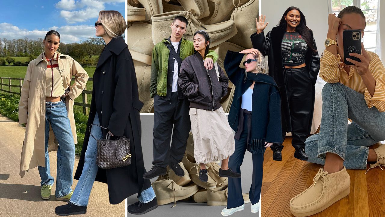 A collage of overlapping images of women wearing Clarks Wallabee shoes, including Emily Oberg, Paloma Elsesser, and Danielle Cathari.