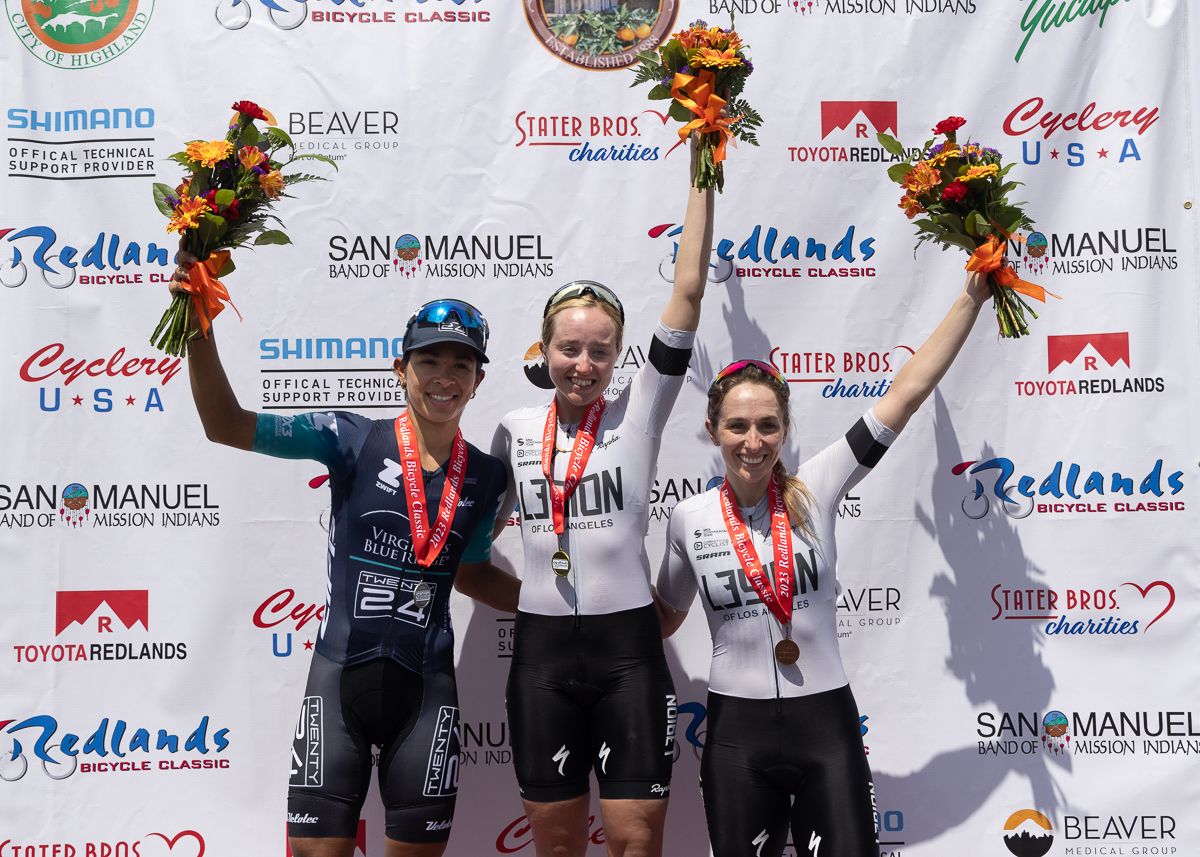 Stage 5 women's Podium (L to R): second-placed Marlies Mejias (Virginia&rsquo;s Blue Ridge Twenty24), winner Skylar Schneider (L39ION of Los Angeles) and third-placed Samantha Schneider (L39ION of Los Angeles)