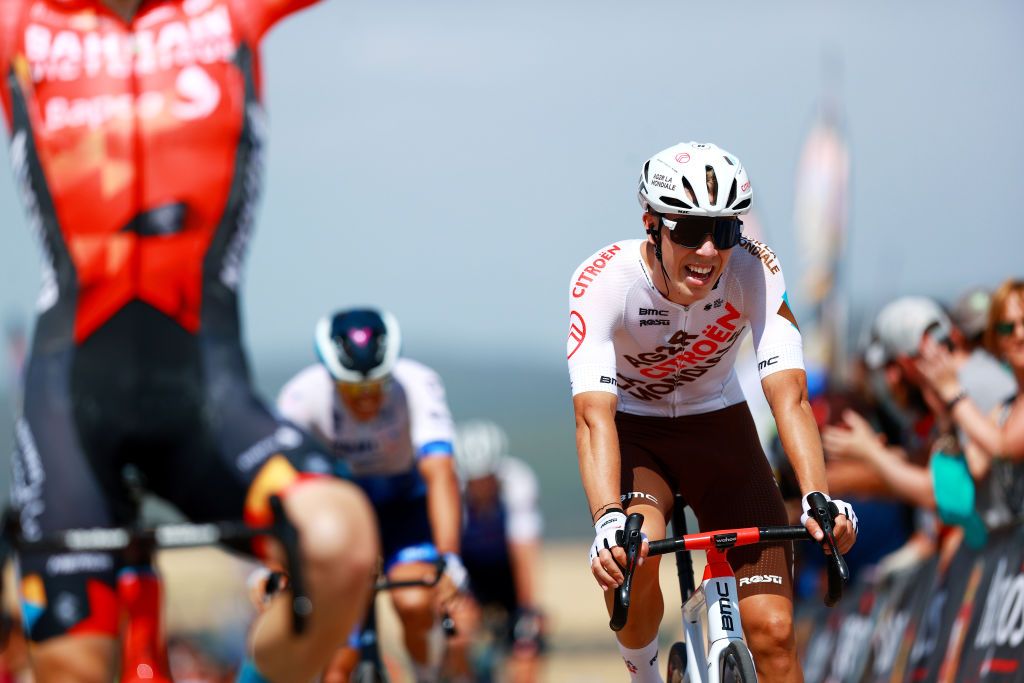 CLUNIA SPAIN AUGUST 05 Valentin Retailleau of France and Ag2R Citroen Team crosses the finishing line on second place during the 44th Vuelta a Burgos 2022 Stage 4 a 169km stage from Torresandino to Ciudad Romana de Clunia VueltaBurgos on August 05 2022 in Clunia Spain Photo by Gonzalo Arroyo MorenoGetty Images
