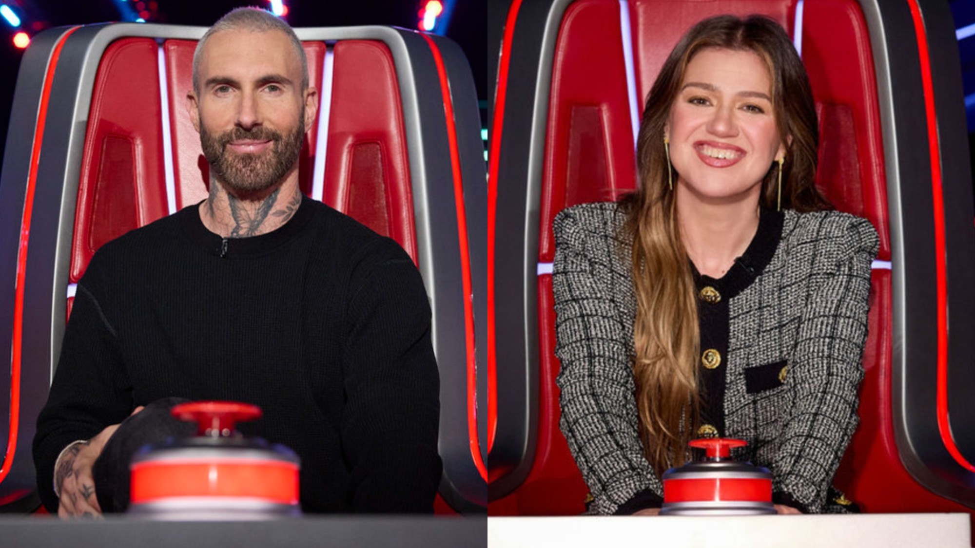 Adam Levine and Kelly Clarkson in their chairs on The Voice.