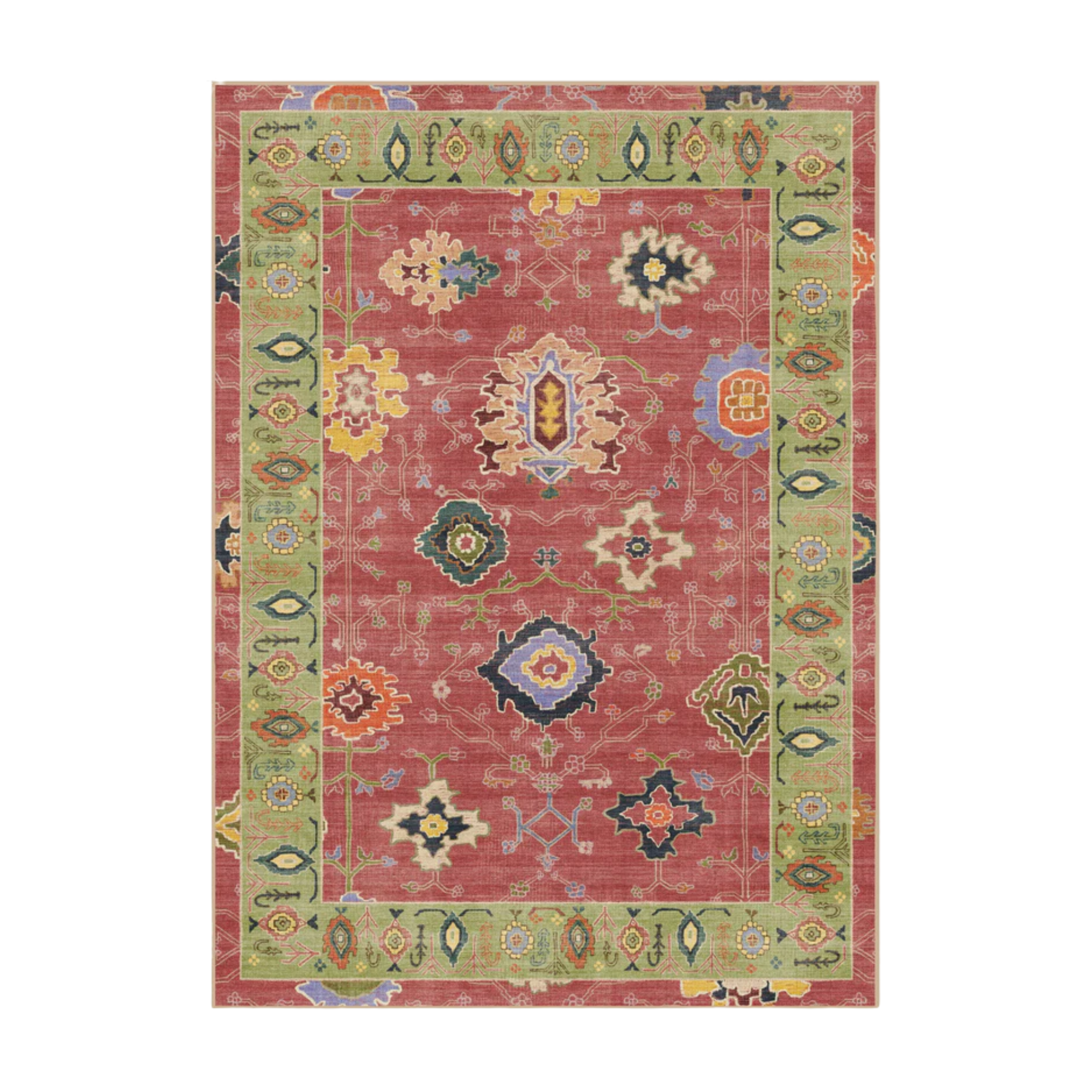 an outdoor rug in green and red with decorative motifs