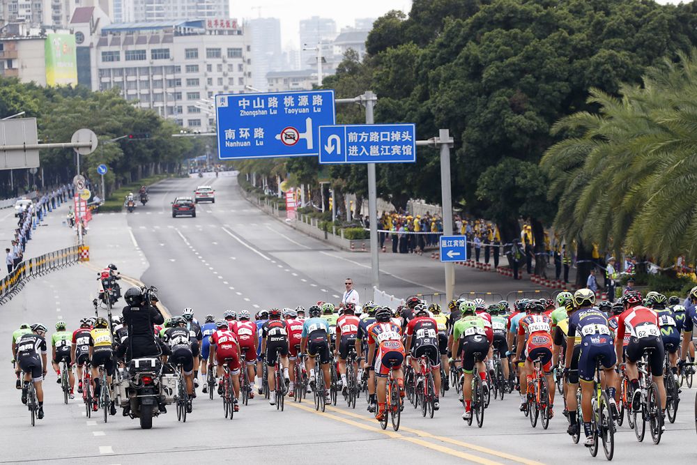 The peloton in action during stage 3 at the Tour of Guangxi