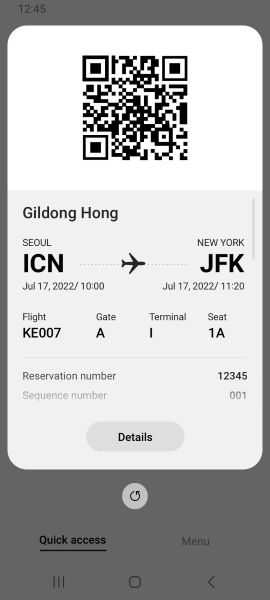 Samsung Wallet boarding pass