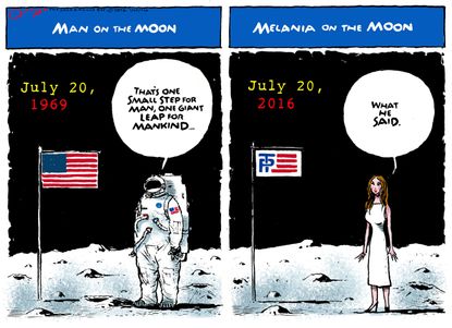 Political cartoon U.S. man on moon Melania Trump plagiarism