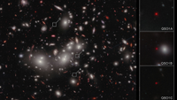 An image from NIRCam on NASA’s James Webb Space Telescope shows Little Red Dot Abell2744-QSO1, magnified and triply imaged by galaxy cluster Abell 2744 (Pandora’s Cluster).