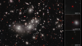An image from NIRCam on NASA&rsquo;s James Webb Space Telescope shows Little Red Dot Abell2744-QSO1, magnified and triply imaged by galaxy cluster Abell 2744 (Pandora&rsquo;s Cluster).