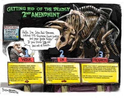 Political cartoon U.S. John Paul Stevens Second Amendment repeal dinosaur