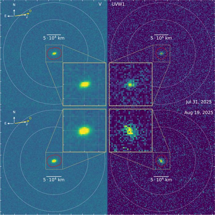 A diagram showing the comet&#039;s position on Jul 31, 2025 and Aug 19 2025