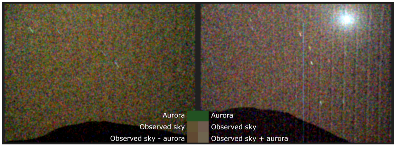 A photo showing the appearance of a green aurora from the surface of Mars