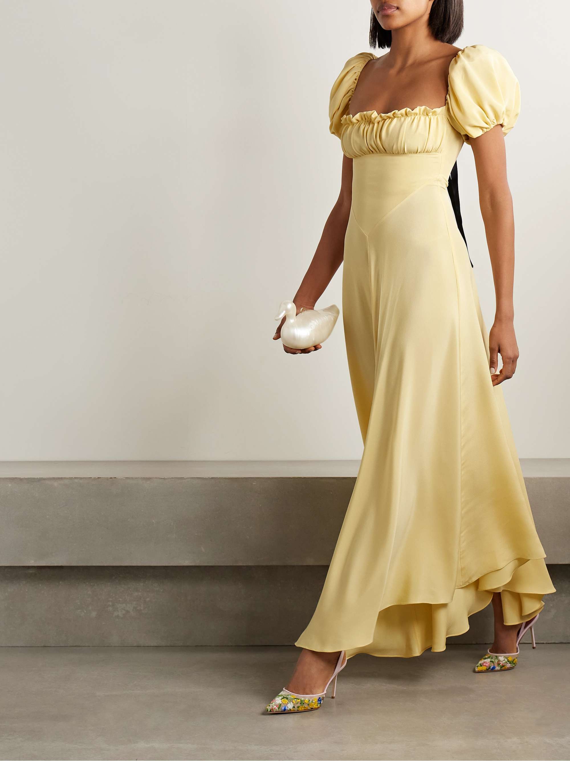 Bow-Embellished Satin-Trimmed Silk-Crepe Maxi Dress