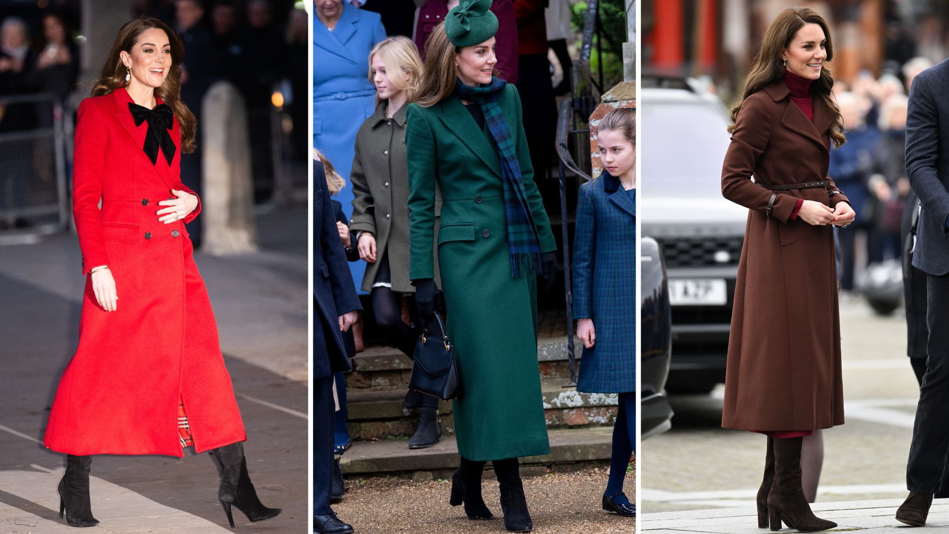 A composite of three pictures of the Princess of Wales wearing knee-high boots and a long coat on three separate occasions