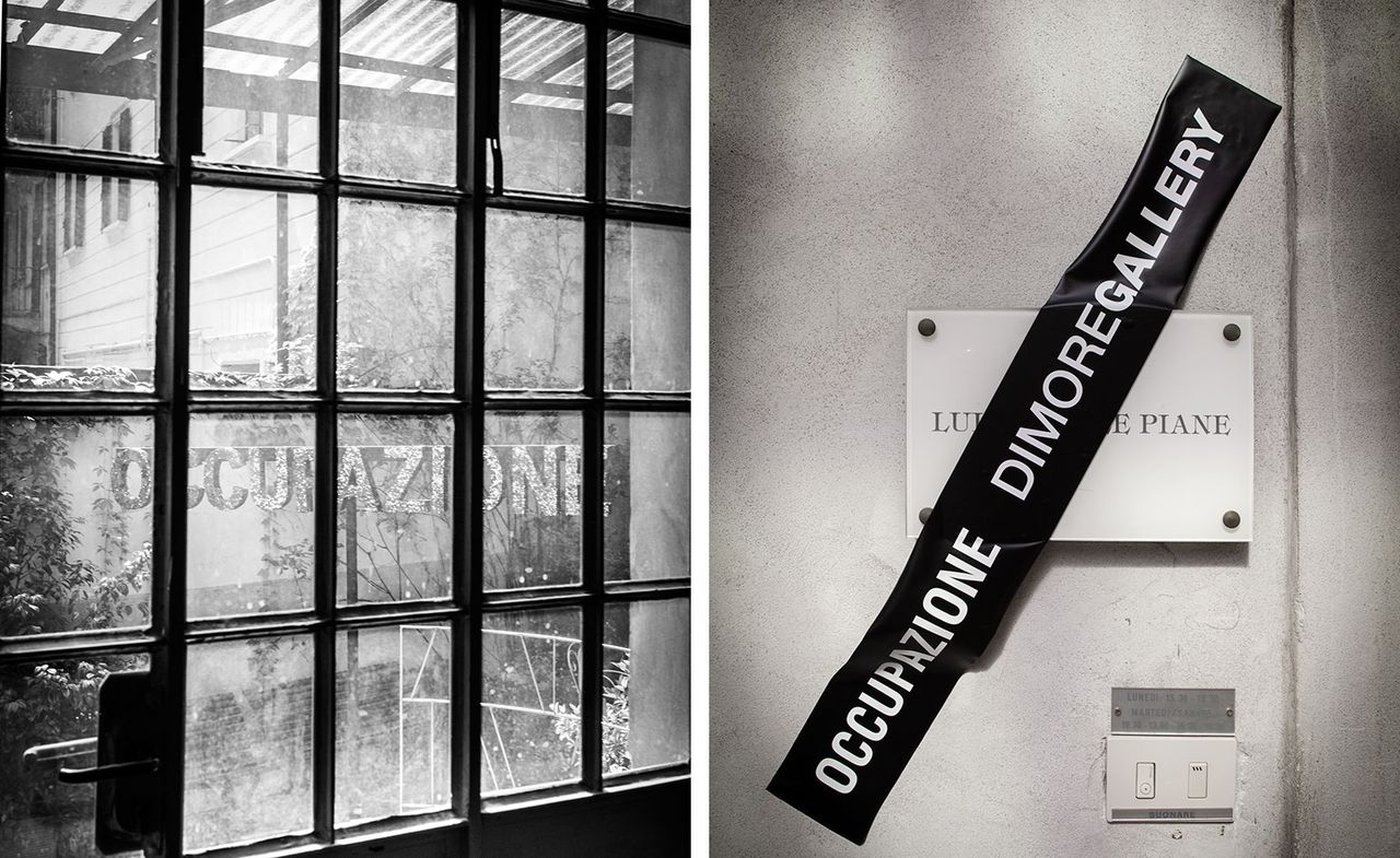 The photo to the left shows a black &amp; white photo of a black metal door, with the same windowpane. The photo to the right shows a black sticker that says &quot;Ocupazione Dimore Gallery&quot;.