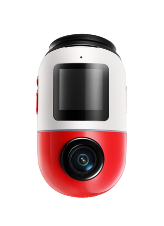 4K Omni dash cam in red and white color scheme on plain background