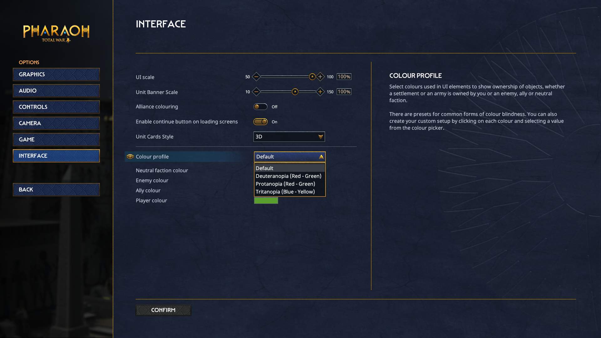 Total War: Pharaoh accessibility options menu