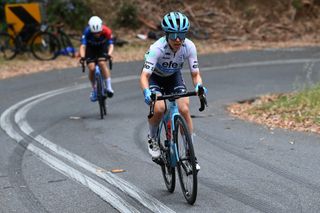 CAMPBELLTOWN AUSTRALIA JANUARY 17 Amanda Spratt of Australia and Trek Segafredo Queen of the Mountain Jersey attacks in the breakaway ahead of Grace Brown of Australia and Team FDJSuez during the 7th Santos Womens Tour Down Under 2023 Stage 3 a 932km stage from Torrens Foot Bridge Adelaide to Montacute Road Campbelltown TourDownUnder UCIWWT on January 17 2023 in Campbelltown Australia Photo by Tim de WaeleGetty Images