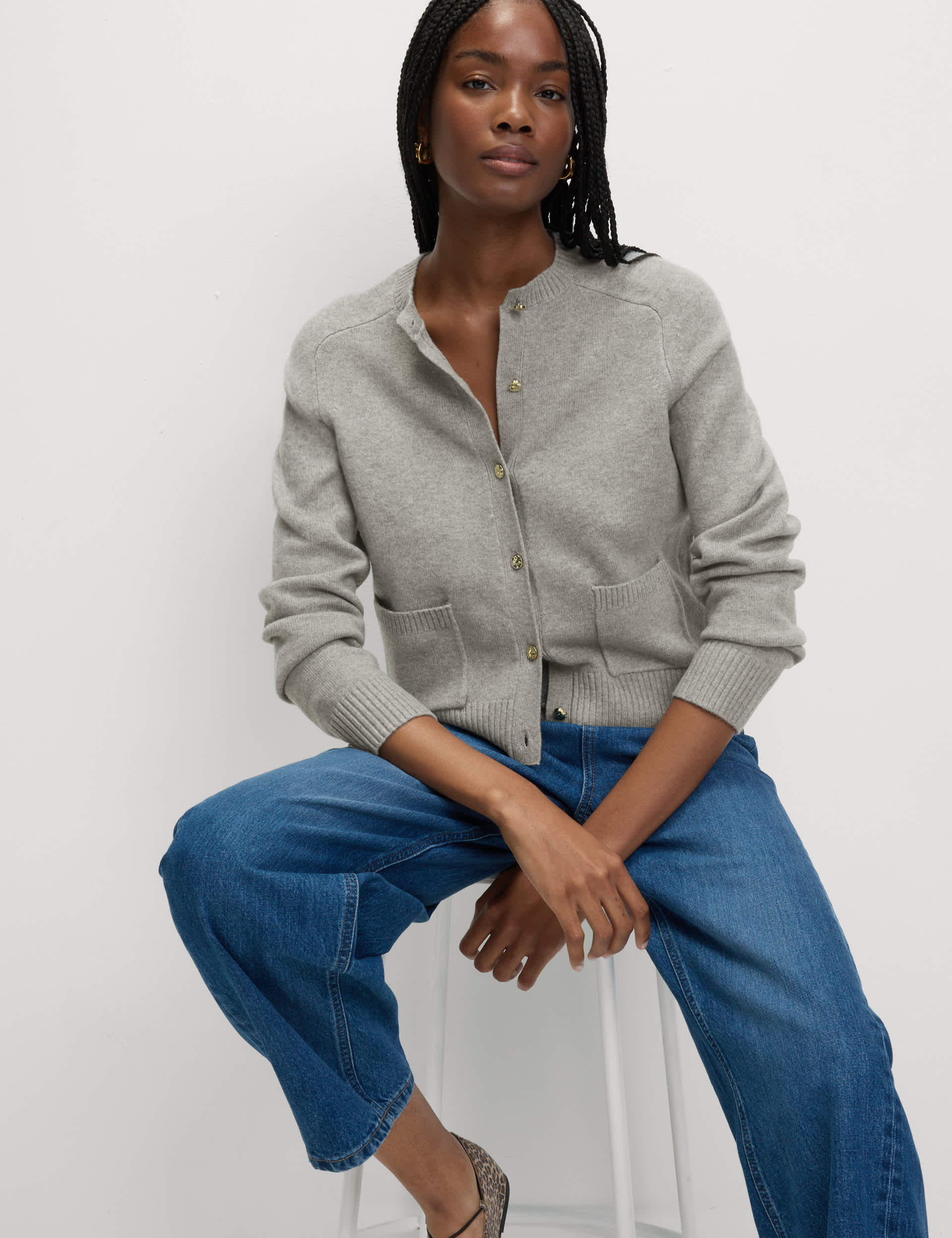 Air-Yarn Crew Neck Button Front Cropped Cardigan
