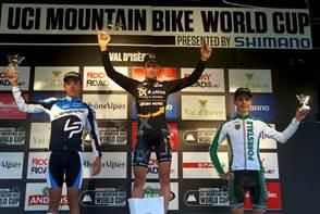 The U23 men's cross country World Cup podium in Val d'Isere, France. It was topped by Gerhard Kerschbaumer (TX Active Bianchi)