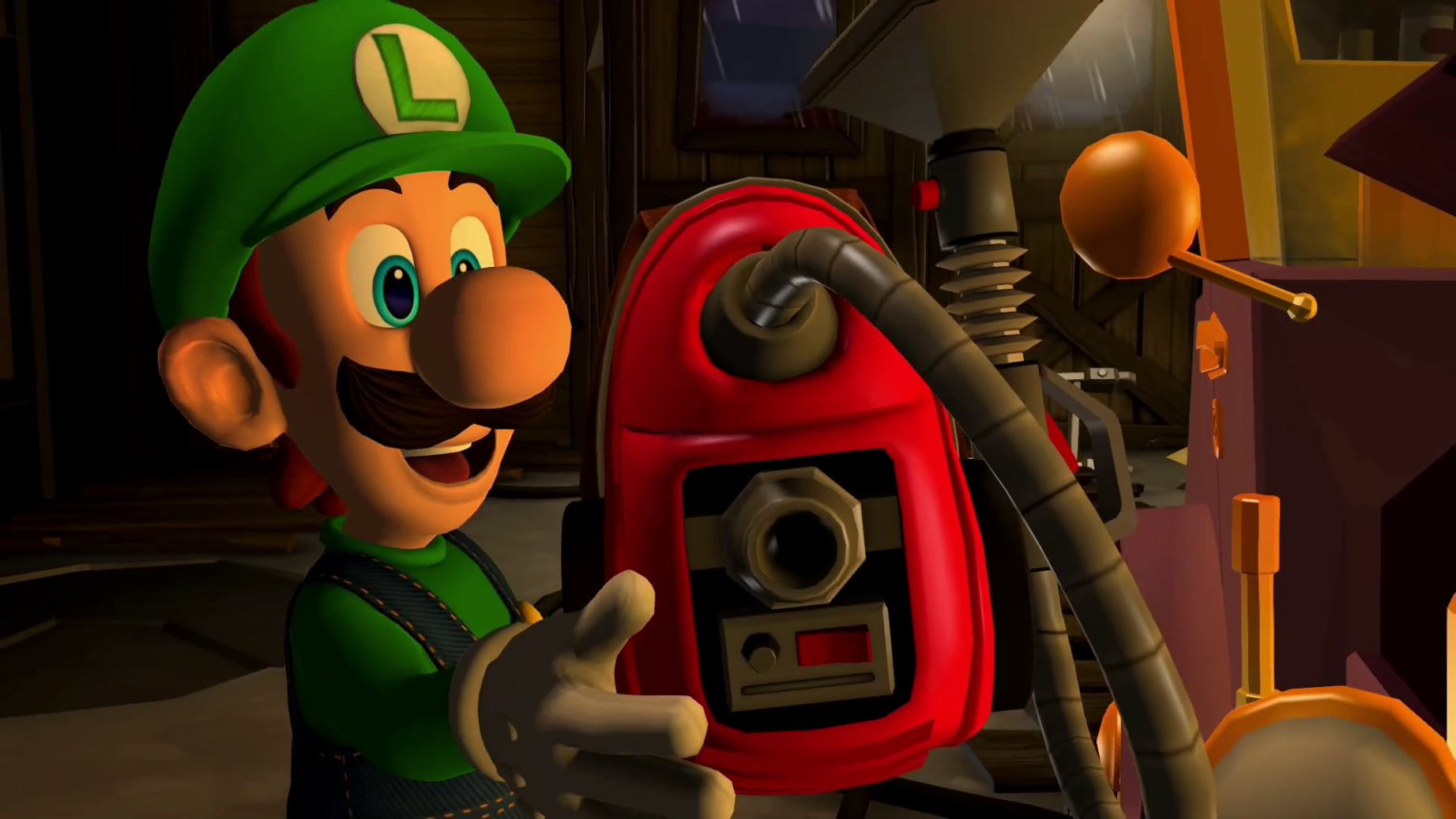 Luigi holding the Poltergust 5000 in Luigi's Mansion 2 HD.