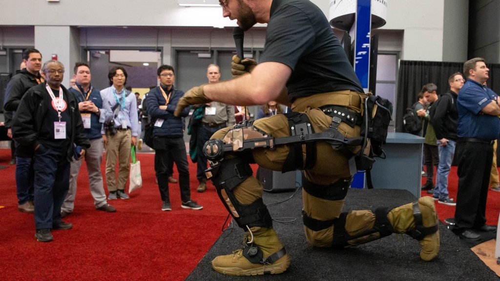 An engineer demonstrates Lockheed Martin's exoskeleton at the SXSW Trade Show in Texas.