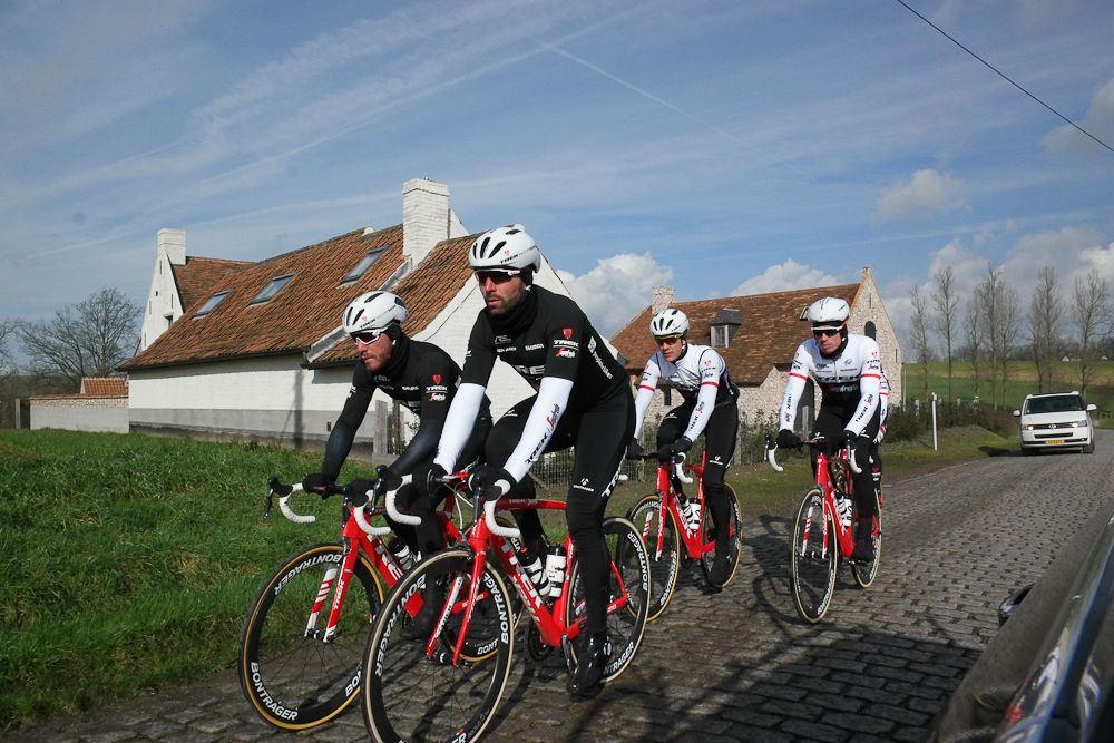 Trek-Segafredo roll through the Belgian countryside.