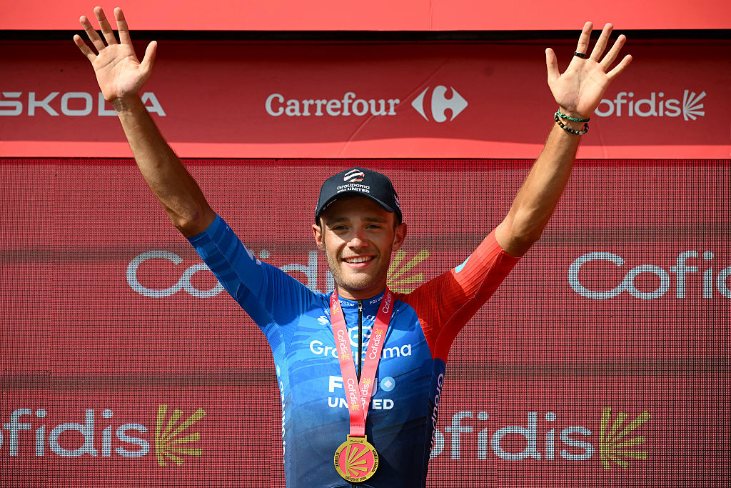 Bastien Tronchon (Groupama-FDJ United) celebrates after winning stage 10 of the 2026 Vuelta a Espana in Elche de la Sierra. (Photo by JOSE JORDAN / AFP via Getty Images)