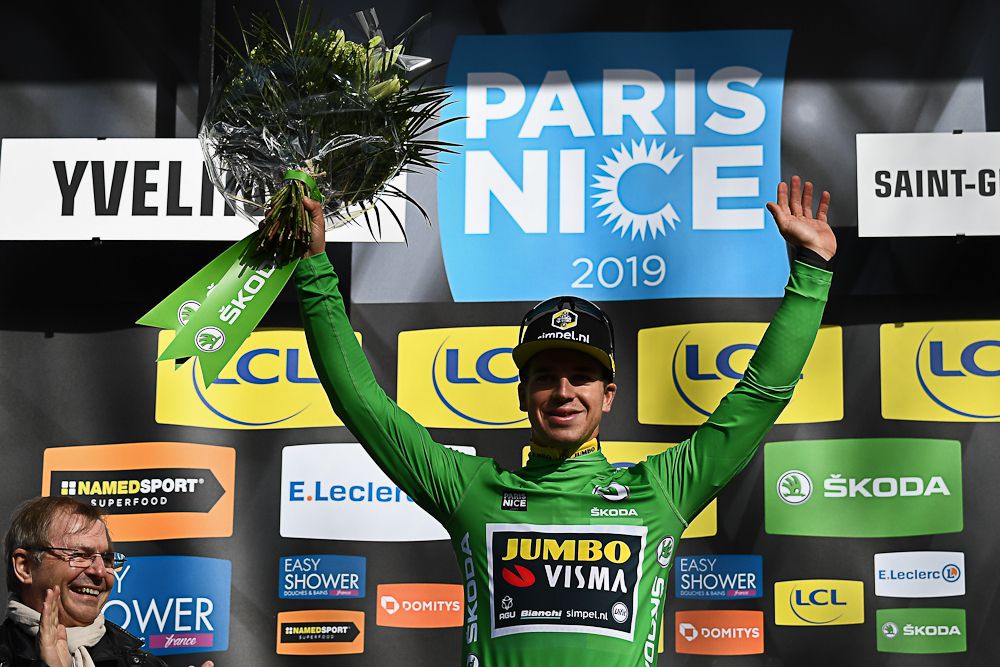 Dylan Groenewgen in the green jersey after stage 1 at Paris-Nice