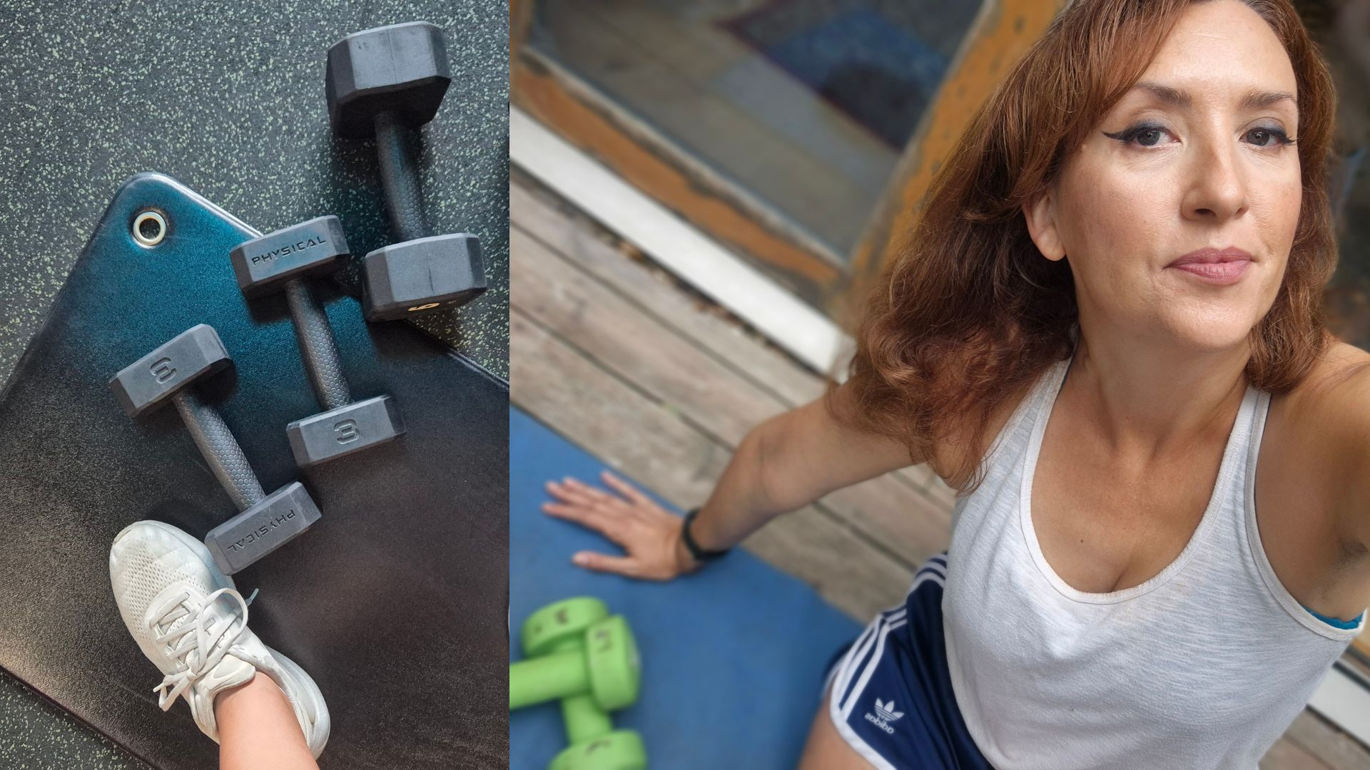 Kerry Law doing the Joe Wicks menopause workout with multiple dumbbell sets