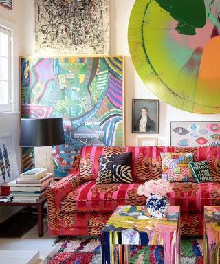 Schumacher-Showroom-Opening-Pink-Sofa-in-Jokhang-Tiger-Velvet-Collection-of-Artwork