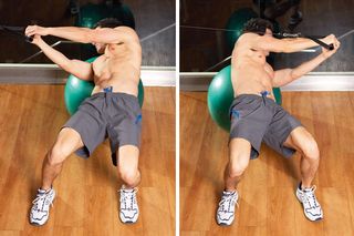 Man lies on his back on a gym ball and demonstrates two positions of the cable Russian twist