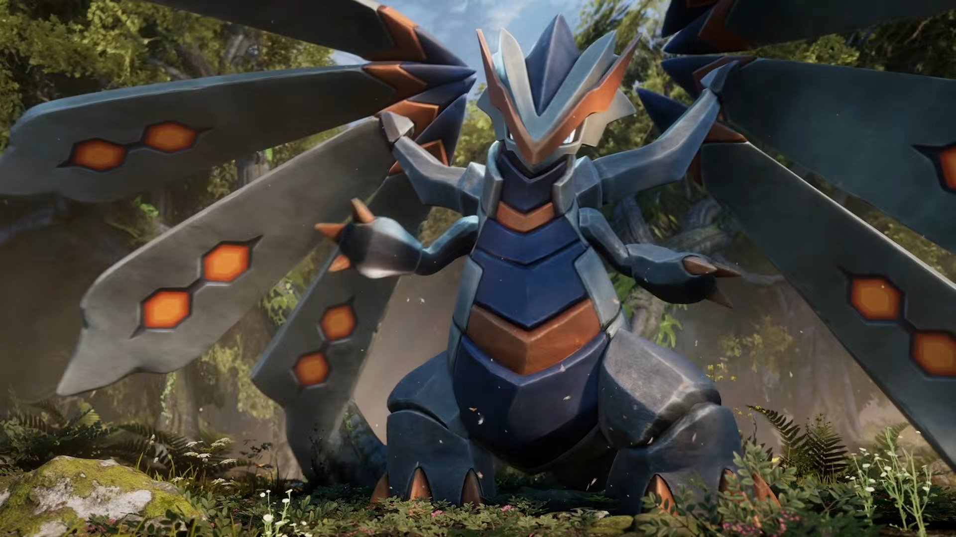 Palworld 1.0 cinematic trailer screenshot shows a huge dragon-like Pal.