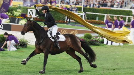 Lisa Rockener galloping around the Aachen arena