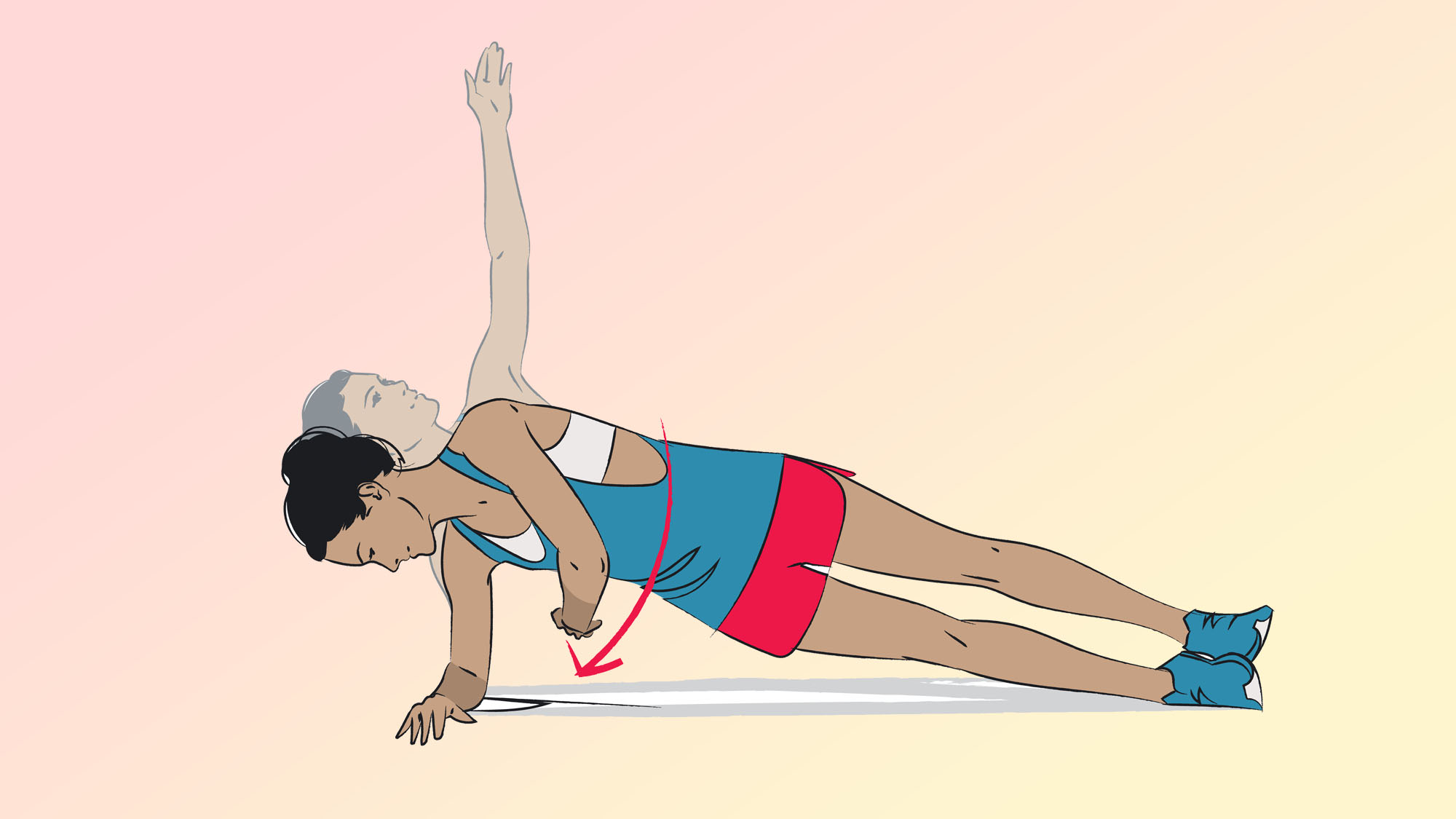 a photo of a woman doing a side plank twist