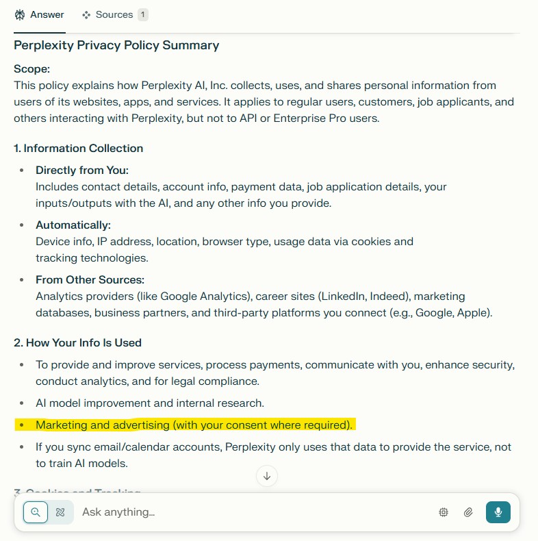 A screenshot of a response from Perplexity.