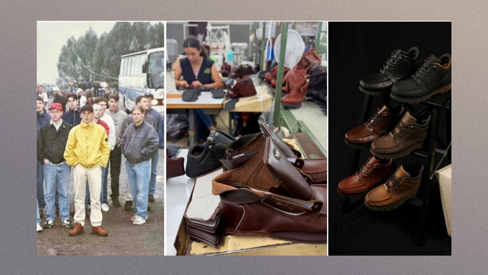 Rockport shoes being worn on the image on the right, in the middle the shoes being constructed and on the right the actual shoes 