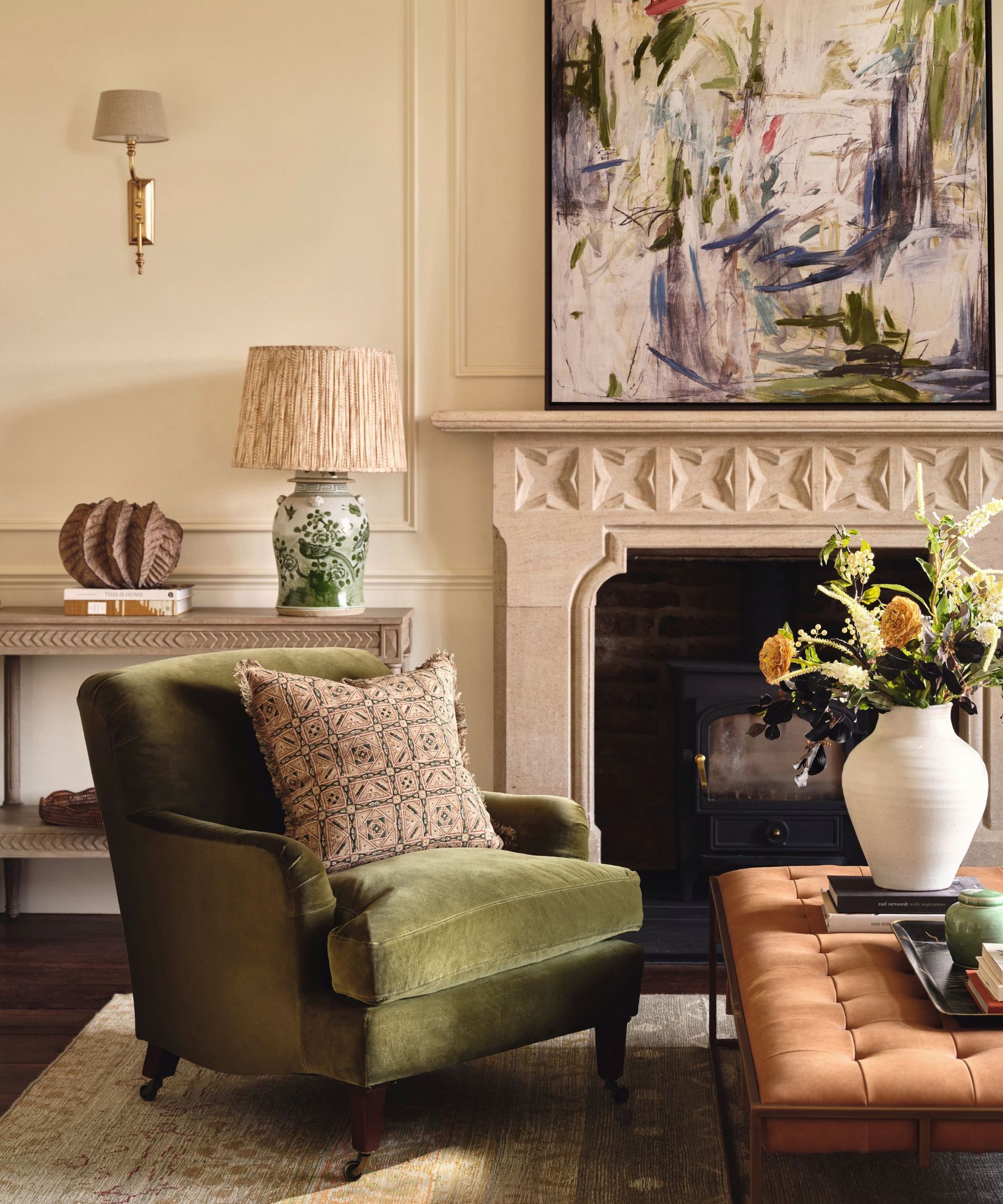 oka living room with large artwork and lighting